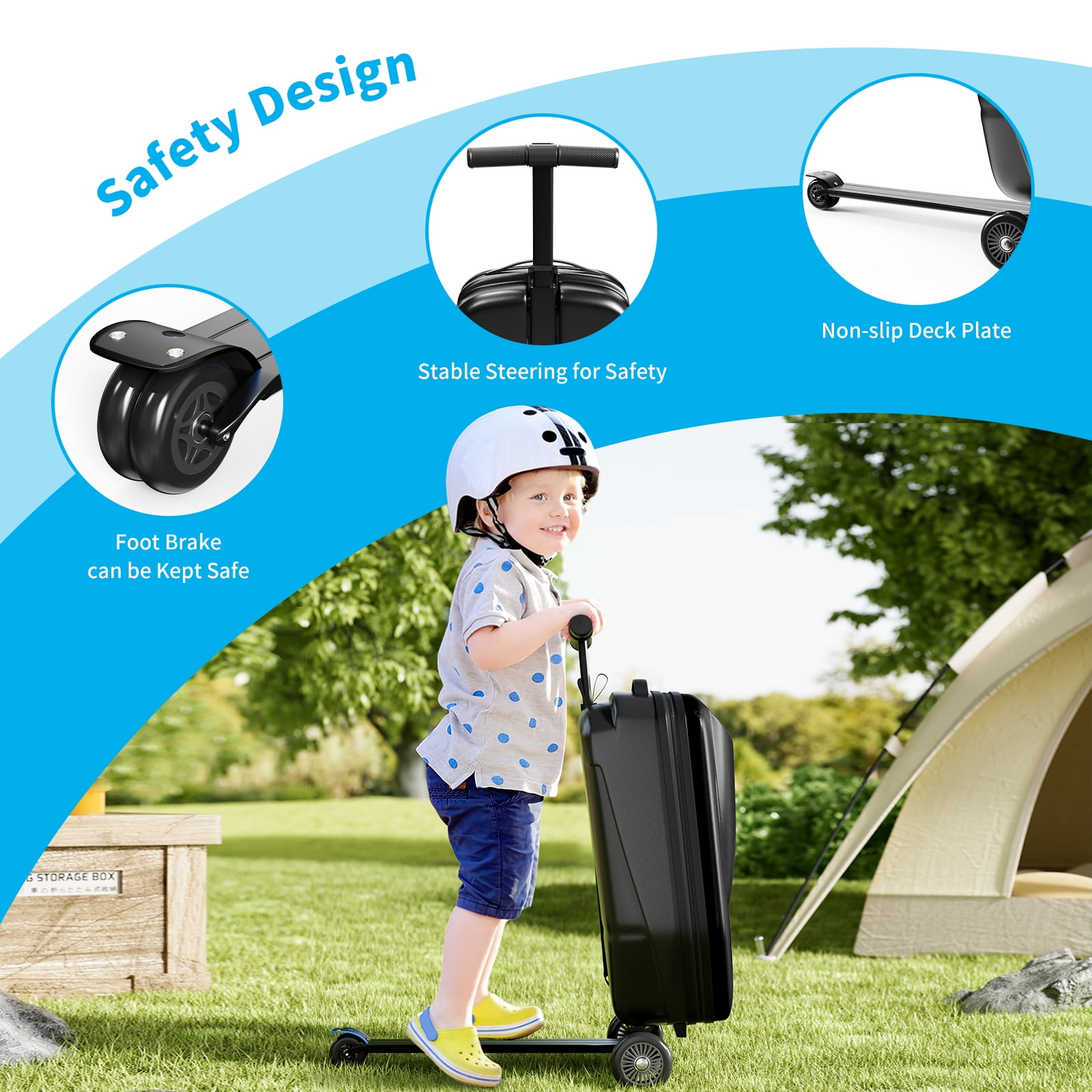 TABU Scooter Luggage for Kids & Adults, Carry on Luggage with Wheels for Kids Ages 6-15,Black