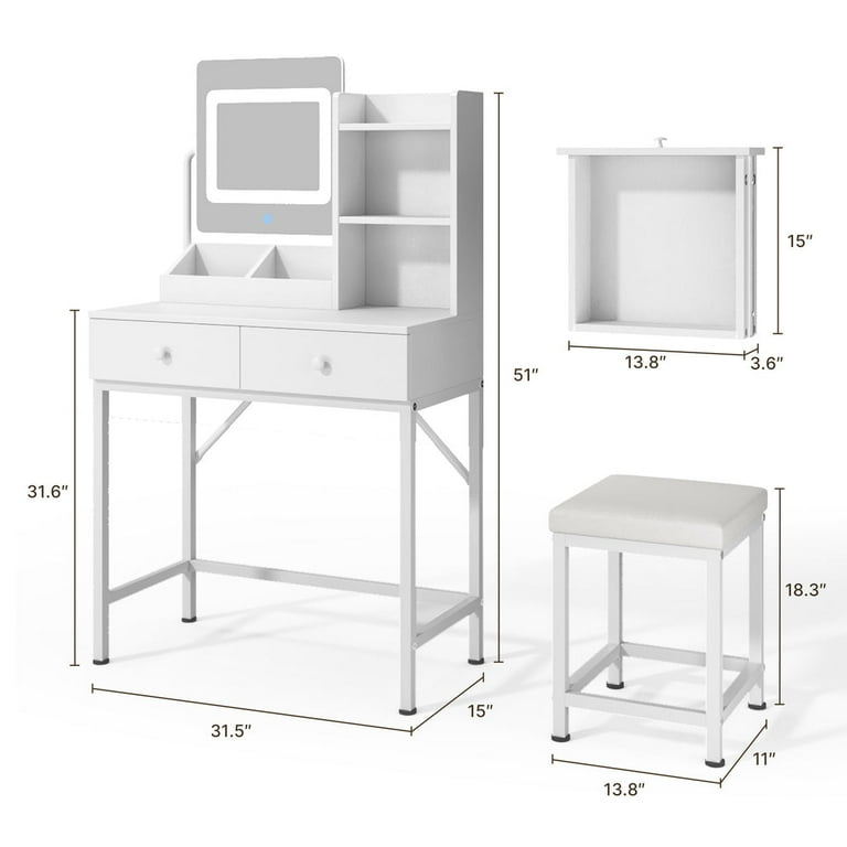 Makeup Vanity Desk with Mirror and Lights, 43.5” Vanity Table with 5 Drawers & Storage Shelves, White