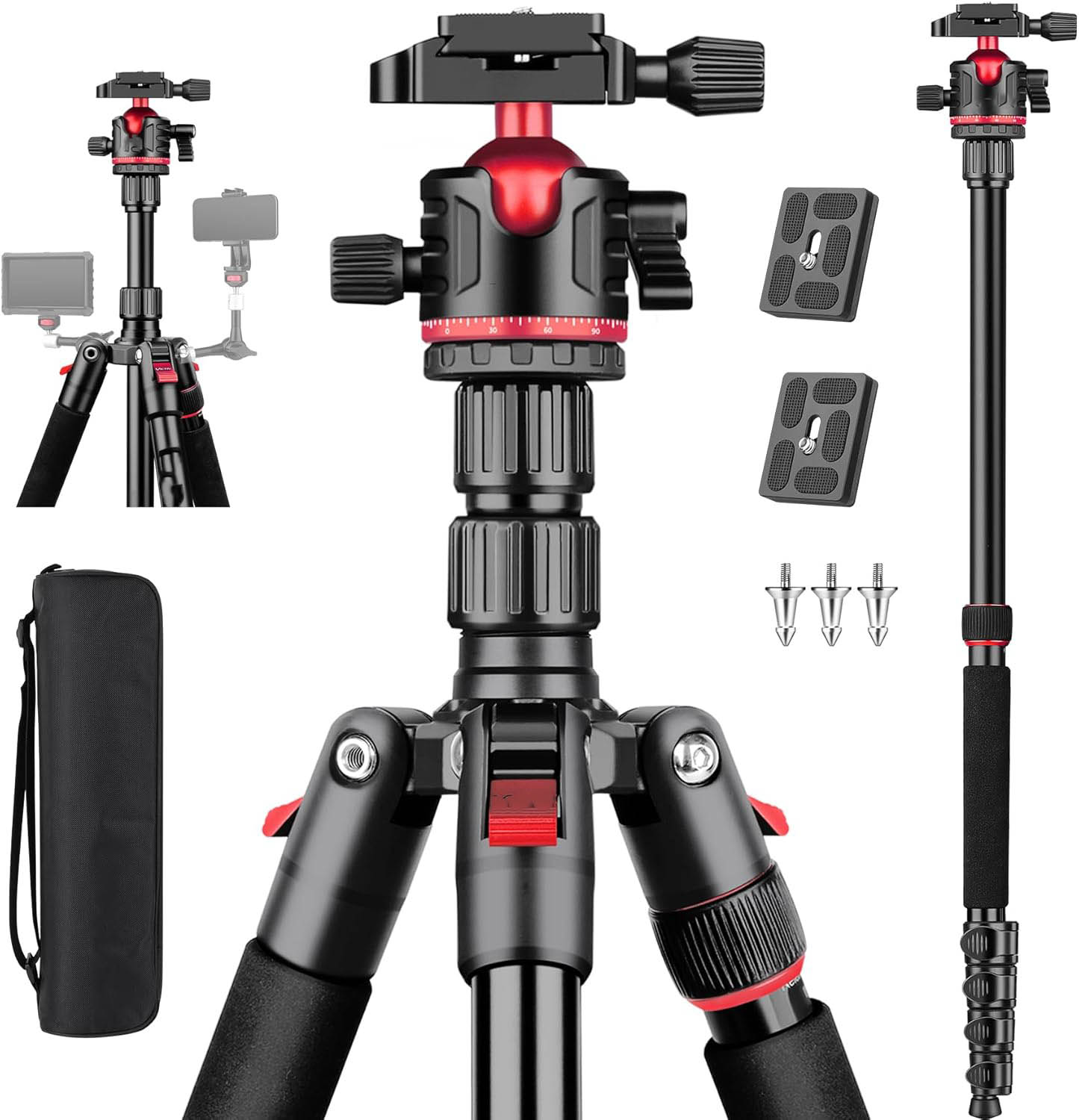 Professional Tripod for Camera, Aluminum Tripod Monopod for DSLR, Spotting Scope, Telescope, Binoculars, Compact Heavy Duty Camera Stand for Photography Video Recording Travel