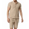 thumbnail image 5 of YYDGH 2 Piece Sets for Men Hippie Beach Tops and Pants Cotton Linen T Shirt Stand Collar Henley Shirts Funky V Neck Shirt and Shorts, 5 of 6