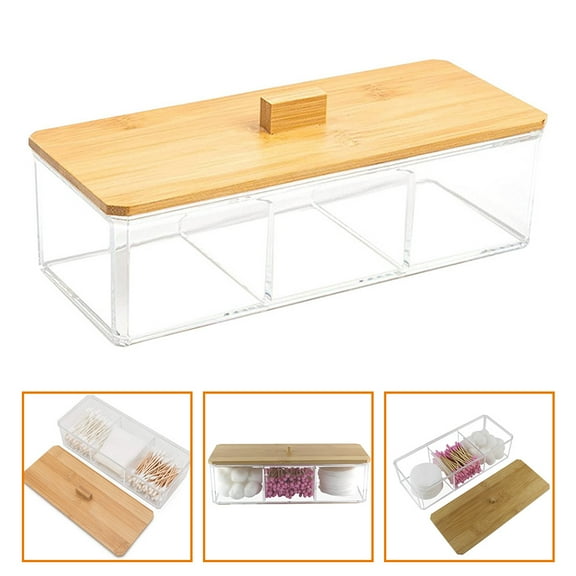 HOMEMAXS 3 Compartment Organizer Bathroom Bamboo Lid Storage Box Baby 23x9cm Transparent