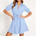 thumbnail image 5 of Sokhug Shirt Dresses for Women Striped Puff Sleeve Turn Down Collared Waist Tie Flared Hem Casual A Line Mini Dresses, 5 of 6