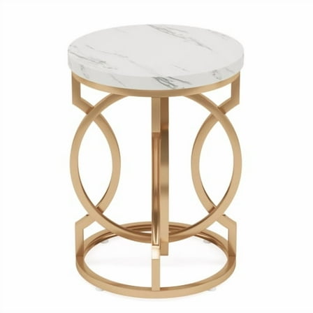 20” Round End Table with Faux Marble Top, Modern Accent Side Table with Gold O-Shaped Base, Nightstand for Living Room & Bedroom, White and Gold Finish