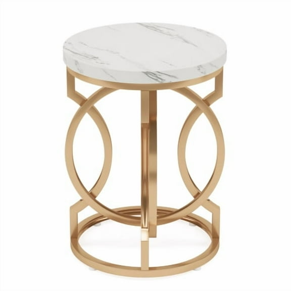 20” Round End Table with Faux Marble Top, Modern Accent Side Table with Gold O-Shaped Base, Nightstand for Living Room & Bedroom, White and Gold Finish