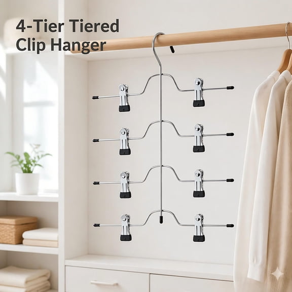 4 Tier Metal Skirt Hangers for Closet Organization, Multi-Layer Space Saving Pants Hanger with Adjustable Non-Slip Clips for Jeans, Shorts and Trousers, Sturdy Wardrobe Storage