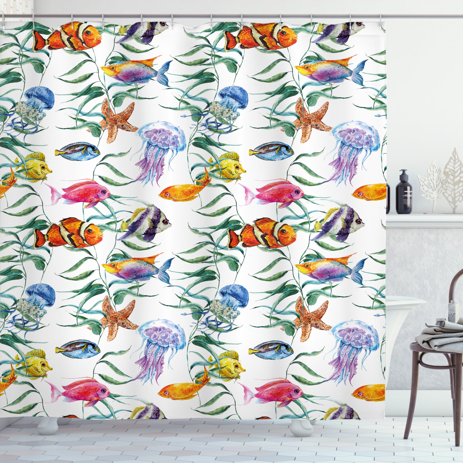 Ocean Animal Decor Shower Curtain, Tropical Coral Reef with Seaweed