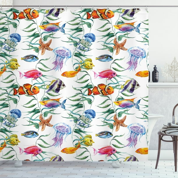 Ocean Animal Decor Shower Curtain, Tropical Coral Reef with Seaweed Algae Jellyfish Aquatic
