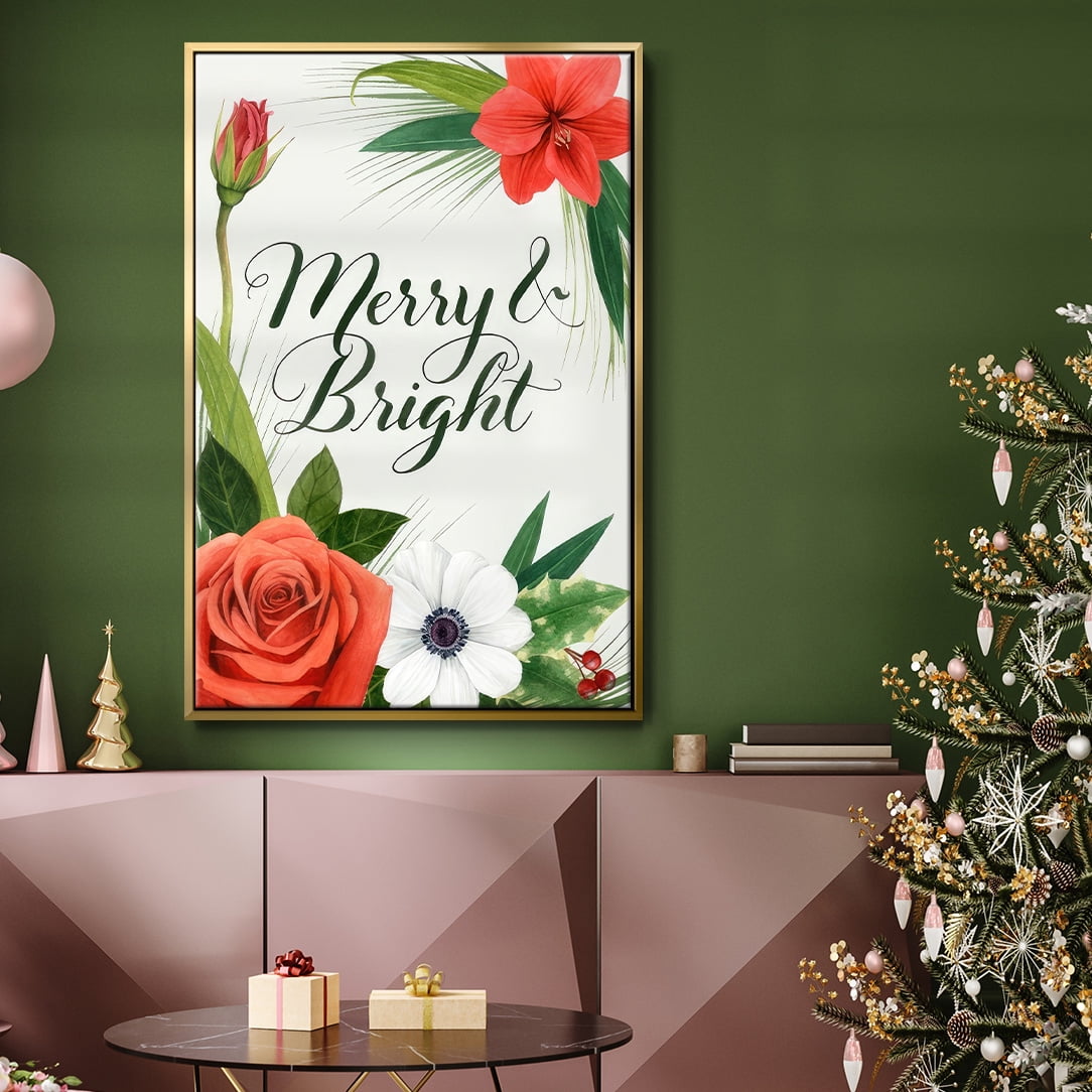 Christmas Flora Wreath Collection B - Framed Gallery Wrapped Holiday Canvas - 25 x 37 - Gold Frame