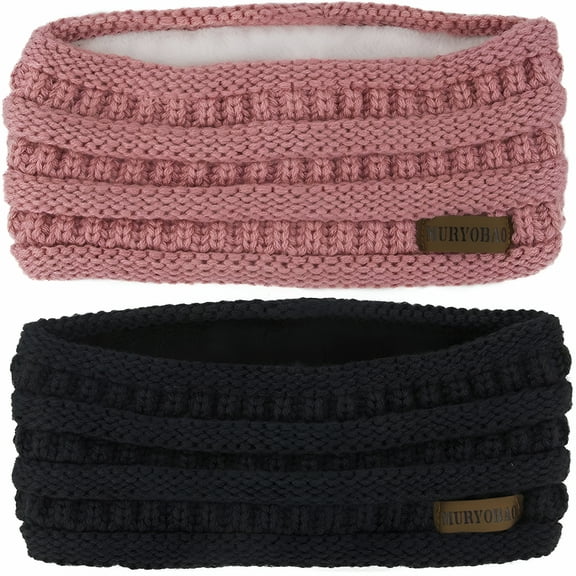 TELOLY Women Winter Ear Warmer Headband Cable Knit Fuzzy Fleece Lined Wrap Stretchy Thick Headband Black & Pink
