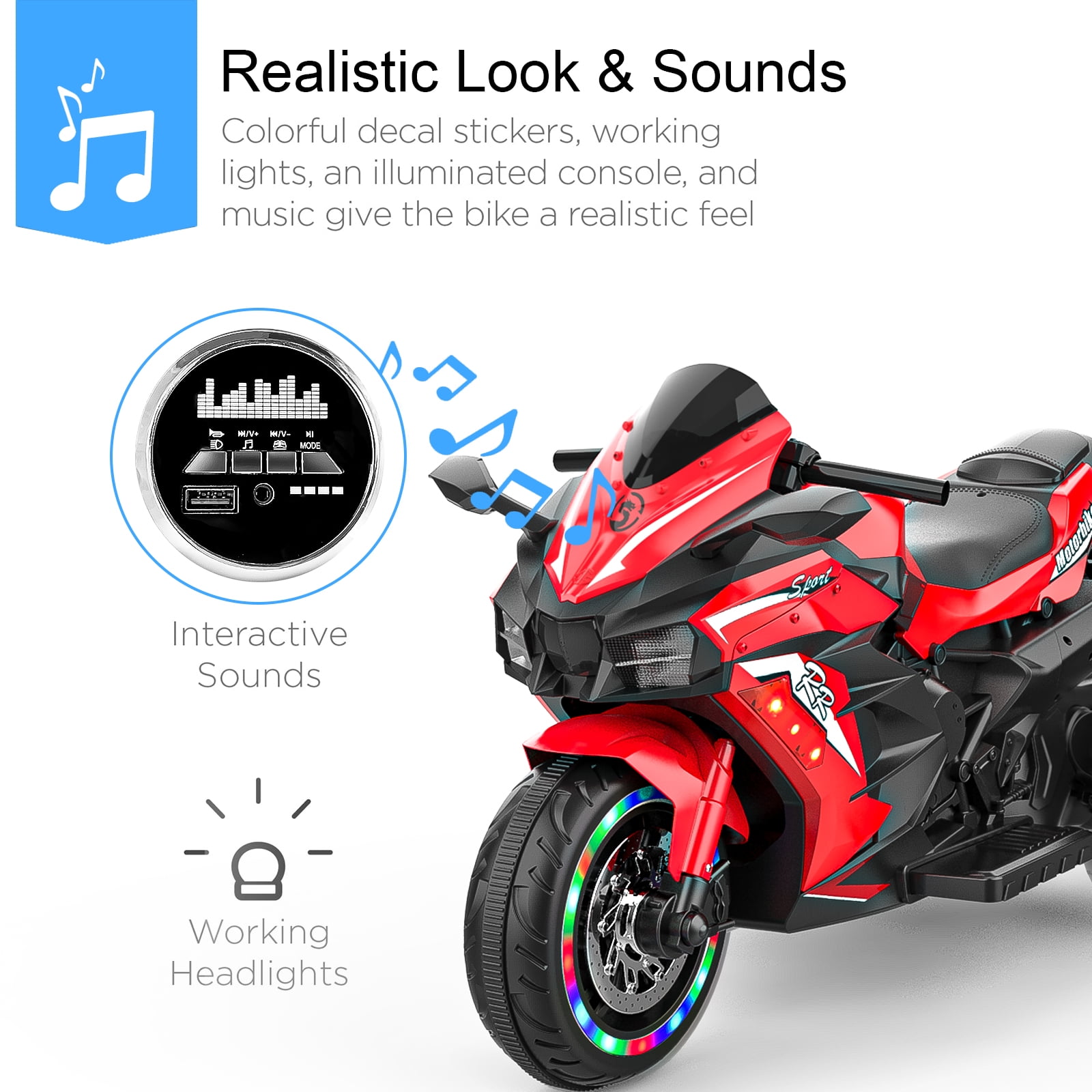 Techvida 12V Kids Ride on Motorcycle, Electric Trike Motorcycle for Boys Girls, LED Lights, Foot Pedal, Kids On Motorcycle for Boys Girls (Red)