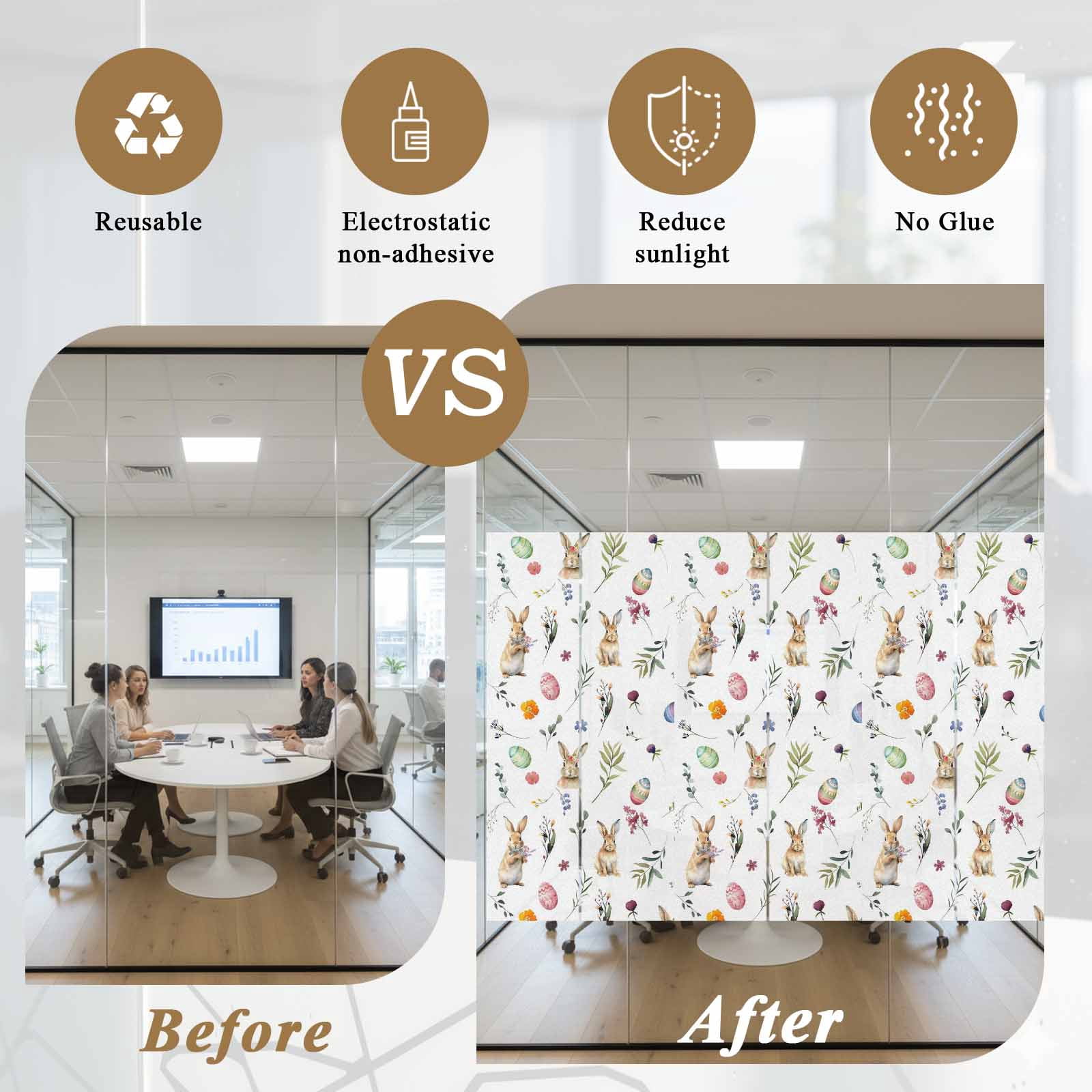 Easter Rabbits Window Privacy Film, Colorful Eggs Leaf Floral Spring Frosted Glass Window Clings Static Cling UV Heat Blocking Reusable Door Sticker for Bathroom 23.6 x 59 Inch