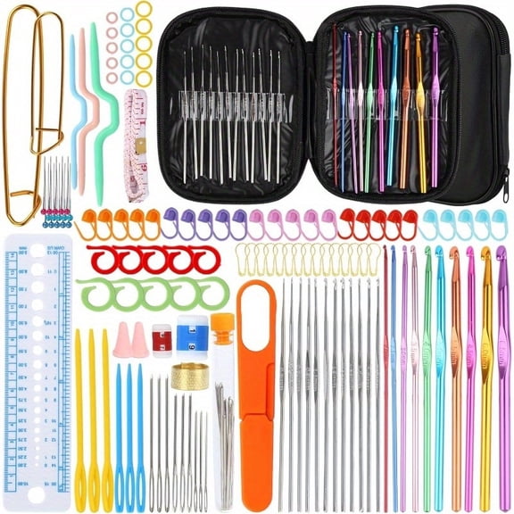 100-Piece Crochet Hook Set, Crochet Hook Set With Case, Crochet Set Crochet Set for Beginners, Stitch Markers, Crochet Accessories, Knitting Set for DIY Crocheting.