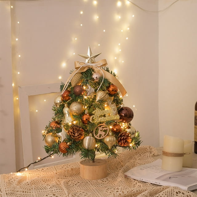 Fiudx Mini Árbol de Navidad, Diseño de Mesa Flocado, 30 Luces Led con Base de Madera, Decoración para Fiestas, Acogedor para El Hogar o La Oficina, Tamaño de 45 Cm, Funciona con Pilas, Adornos Navide