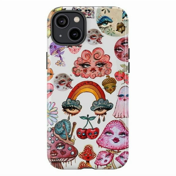 Whimsical Mushroom & Rainbow Face Art Phone Case, Trippy Kawaii Fantasy Aesthetic Protective Cover for iPhone 16 15 14 13 12 11 Pro Max Plus Mini