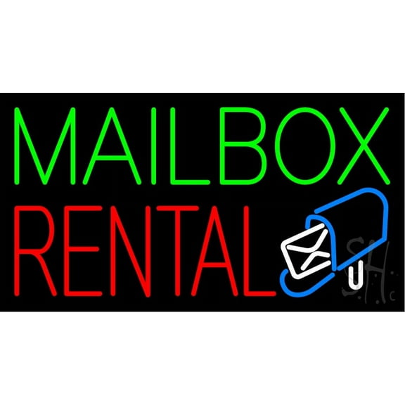 Mailbox Rental Blue Rectangle LED Neon Sign 20 x 37 - inches, Black Square Cut Acrylic Backing, with Dimmer - Bright and Premium built indoor LED Neon Sign for Store interior and stroefront
