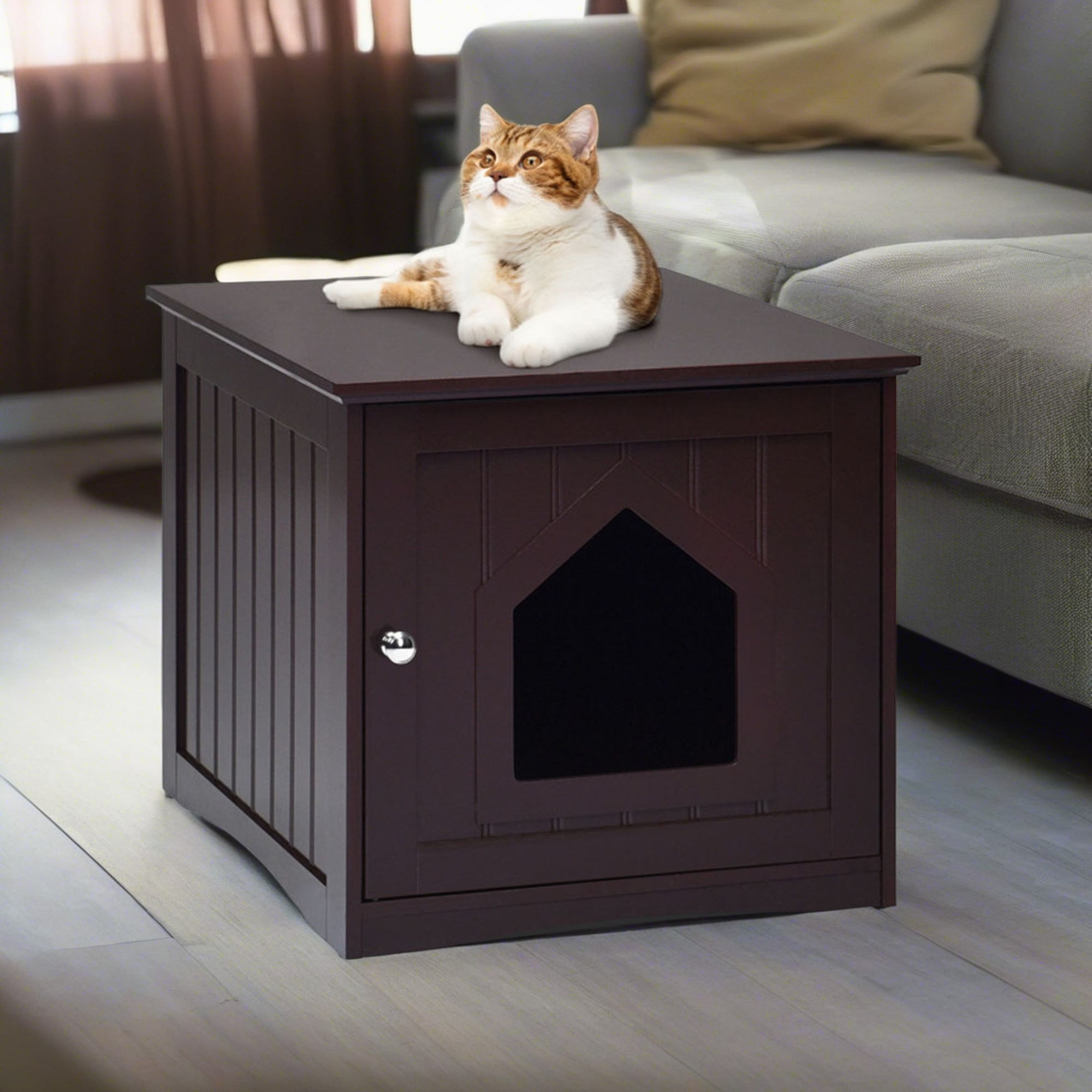 Kadyn 20" Cat House Covered for Indoor, Hidden Crate Litter Box Enclosure, Hooded Cats Furniture Cabinet Kitty Washroom, Brown
