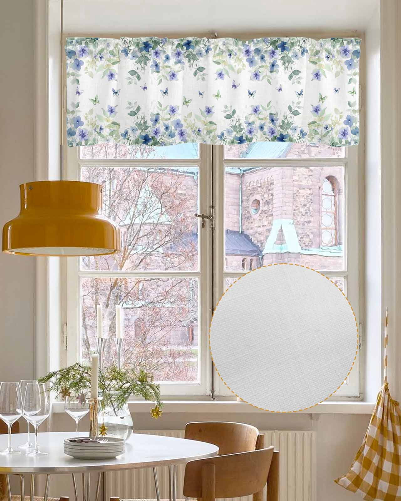 Leaf Butterfly Kitchen Valances for Windows Farmhouse Linen Window Valance Curtain for Living Room Window Treatment Watercolor Sage Green Purple Floral Valance Rod Pocket Topper Drape, 42 x 12 Inch