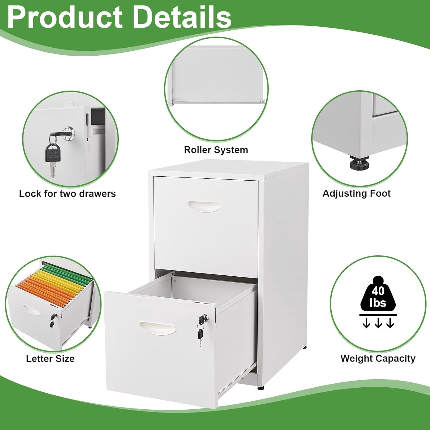 2 Drawer File Cabinet with Lock,White Small Filing Cabinet for Home Office, Metal Vertical File Under Desk Cabinet for A4/Letter,Assembly Required