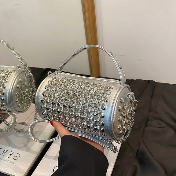 Light Luxury And Fashion Metal Rivet Studded Diamond Cylindrical Handbag Simple Banquet Party Personalized Shoulder Bag Trendy