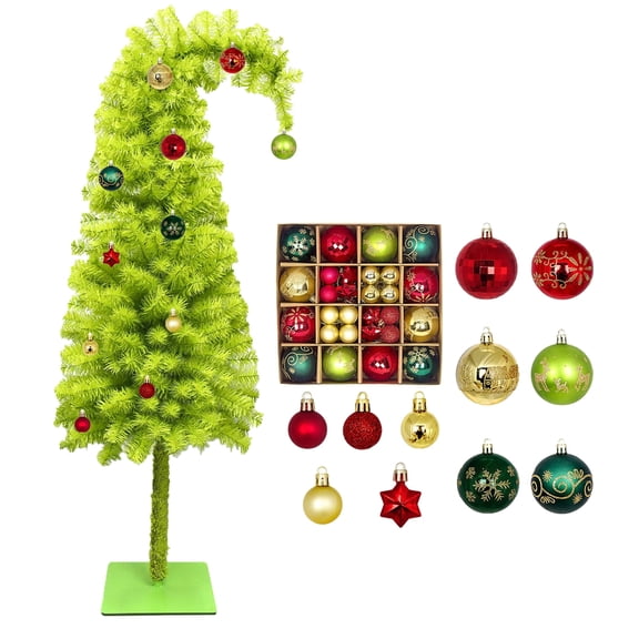 MXTPOV Green Christmas Tree with 44pcs Colour Balls Artificial Crooked Neck Christmas Tree with LED Lights Xmas Tree Exquisite Christmas Decorations Home Decor, 3FT