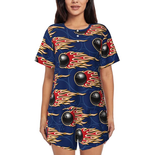 Balery Bowling Ball And Flame Conjunto de Pijama para Mujer con Estampado, Dos Piezas de Manga Corta y Shorts, Ropa de Dormir Suave con Cuello Redondo y Bolsillos-XX-Large