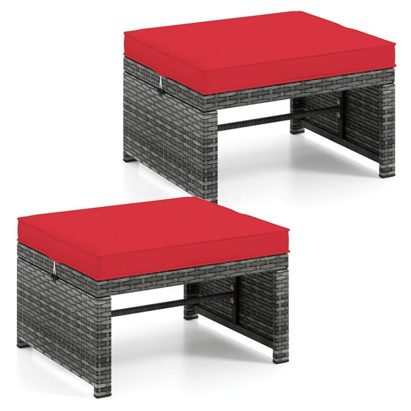 Costway Patio Ottomans Set of 2 PE Rattan Footstools with Removable Cushions & Metal Frame Red