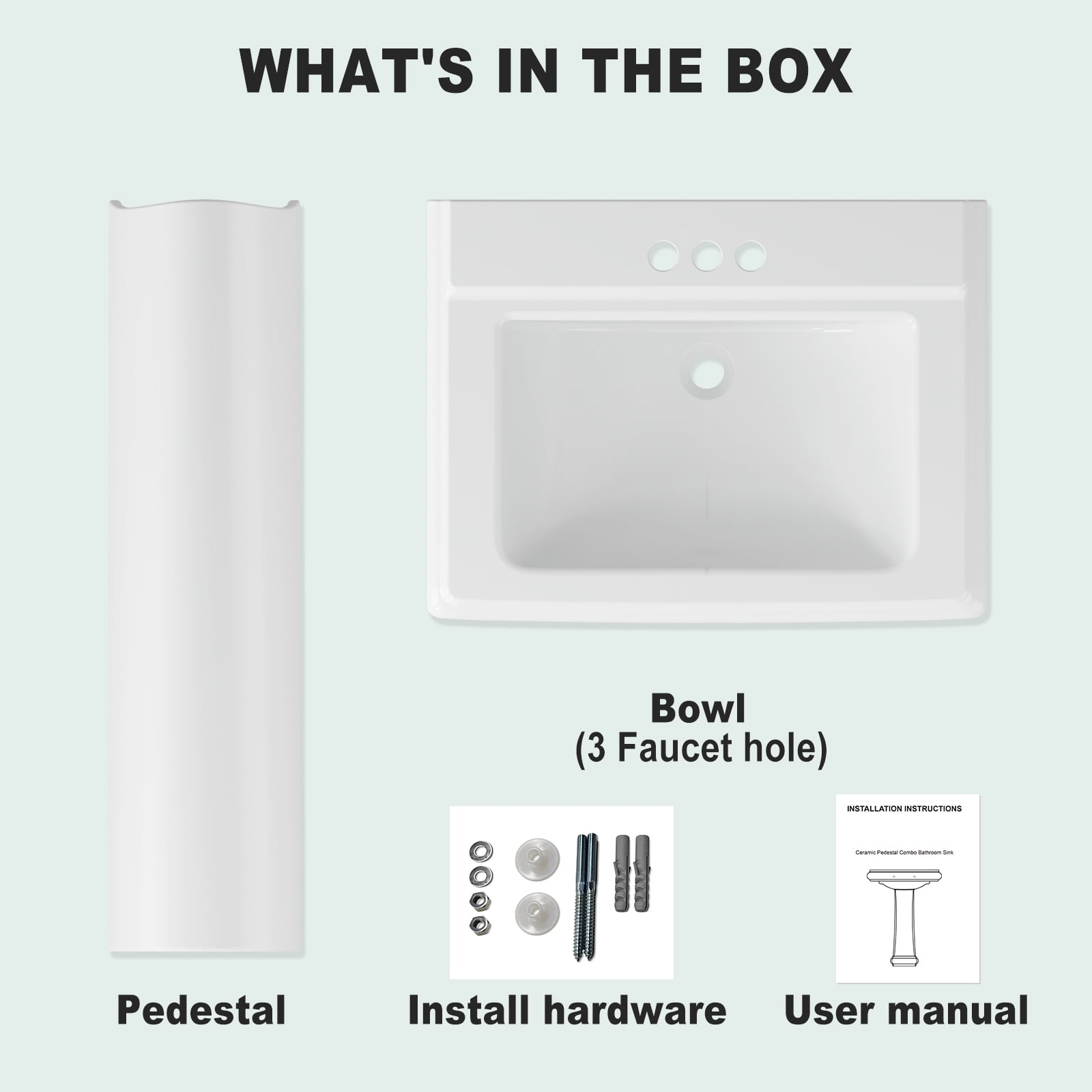 26"L X 21"W Rectangular Pedestal Sink, White Ceramic Pedestal Bathroom Sink with 3 Faucet Holes At 4" Faucet Centers, with Overflow
