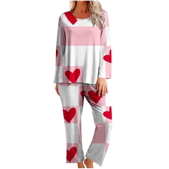 Cavosen Valentine's Day Cute Womens Pajamas Long Sleeve Crew Neck Shirt Wide Leg Pants Heart Printed Lightweight Comfy Sleepwear Pink 2XL