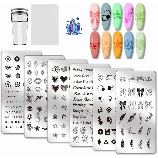 6 placas para estampar uñas con flores, corazones, estrellas, palabras, animales marinos y diseños geométricos. Plantillas para manicura.