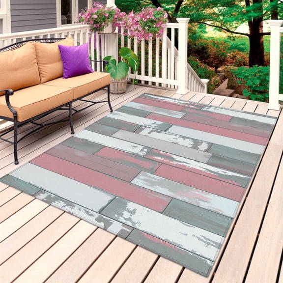 Pink Gray Outdoor Rug for Patio/Deck/Porch, Non-Slip Large Area Rug 5 x 7 Ft, Country Vintage Gradient Mottled Wood Grain Indoor Outdoor Rugs Washable Area Rugs, Reversible Camping Rug Carpet Runner