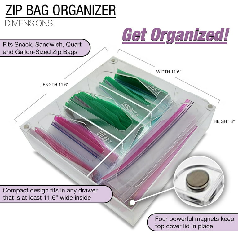Decozion Ziplock Bag Storage Organizer - Food Storage Bag Organizer Kitchen Drawer - Zip Lock Bag Container Organizer - Sandwich