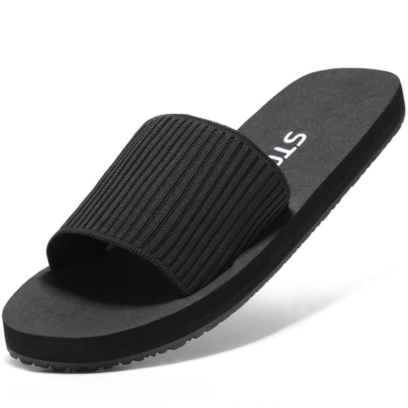 STQ Flat Sandals Memory Foam Slides for Women Slide Sandals All Black Size 8
