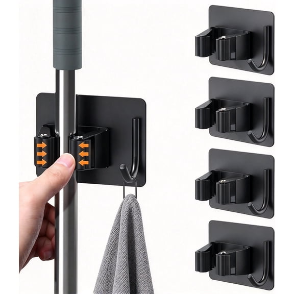 Mop Broom Holder No Drill, Mop Broom Organizer Wall Mounted Heavy Duty with Hooks Hanger, Self Adhesive Stainless Steel 4Pcs for Bathroom, Kitchen, Office (Black)