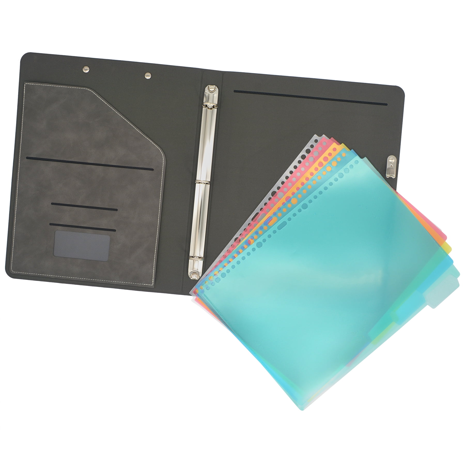 3 Ring Binder Padfolio Clipboard Case with Color File Folders, PU Leather Padfolio Ring Binder with Clipboard
