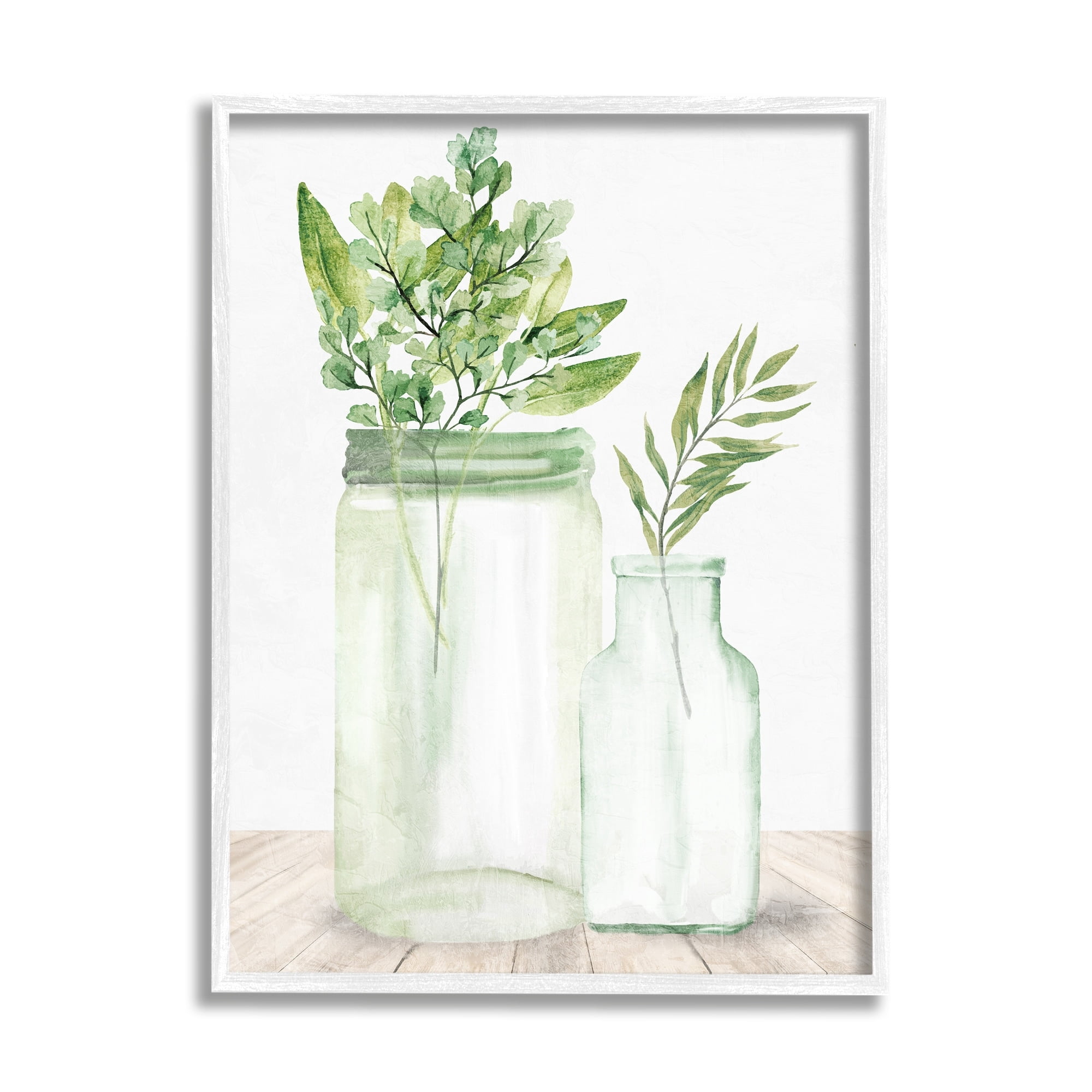 Stupell Industries Country Plant Leaves Rustic Glass Jars Arrangement Graphic Art White Framed Art Print Wall Art, Design by Kim Allen