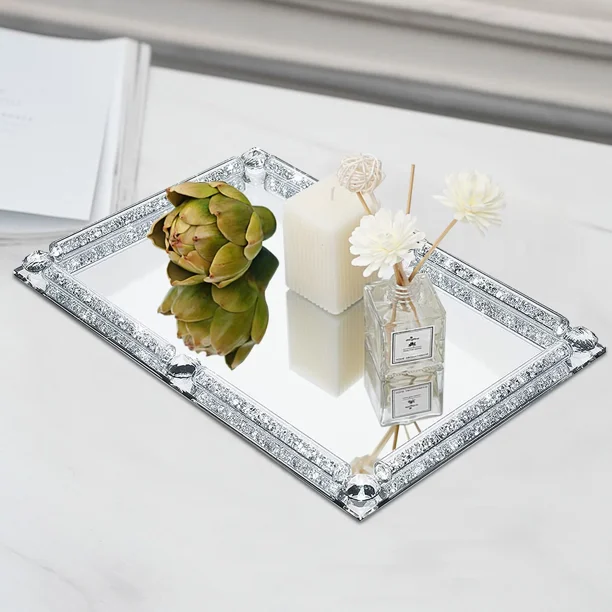 12" x 8" Glass Crystal and Square Mirrored Vanity Tray Serving Tray For