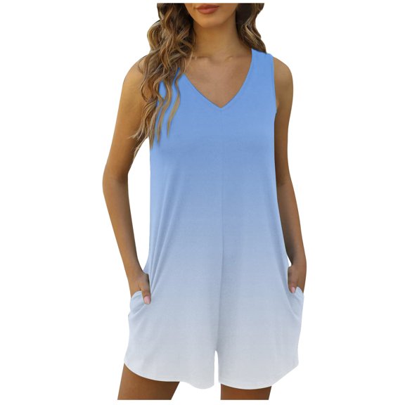 Lenpel Women's Rompers Casual Loose Sleeveless V Neck Tank Top Short Jumpsuits with Pockets Summer Beach Vacation Outfits