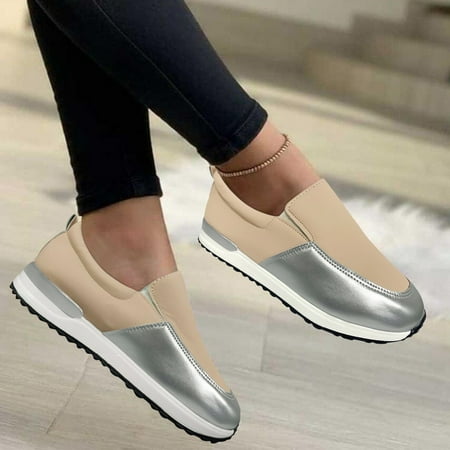 

Ladies Fashion Colorblock Leather Round Toe Flat Low Top Casual Sneakers