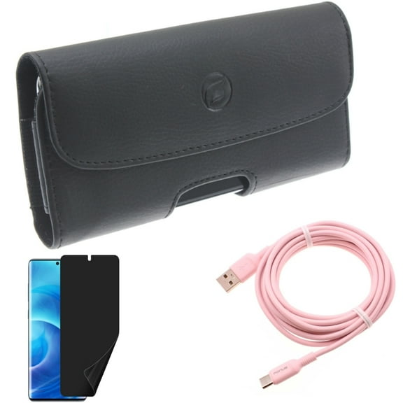 Case Belt Clip w 10ft Long USB-C Cable w Privacy Screen Protector for Samsung Galaxy S20 - Leather Holster, Pink Charger Cord, TPU Film [NOT GLASS] X2W fits Samsung Galaxy S20 Model