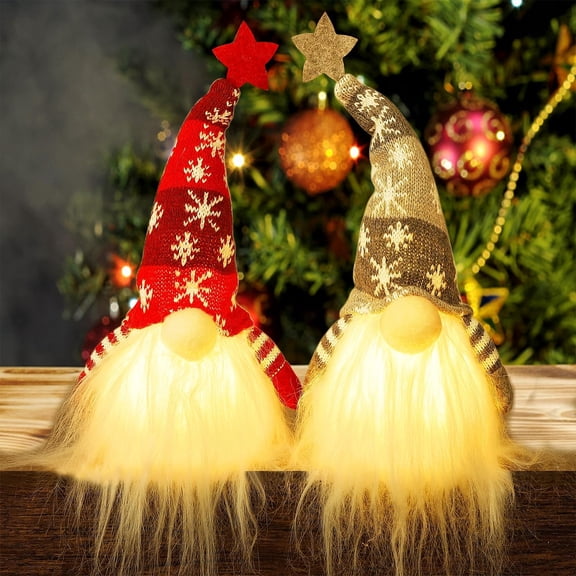 2 Pack 11" Lighted Christmas Gnome Santa, Light Up Elf Holiday Present, Battery Operated Winter Tabletop Christmas Decorations, Gray,Red