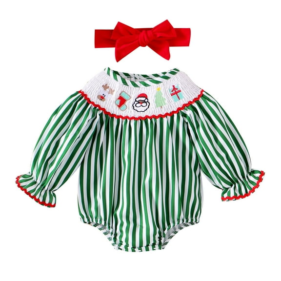 FYEGRE Girls Long Sleeve Christmas Cartoon Embroidered Pullover Romper Bodysuit with Headband Outfit Set Green 12-18 Months