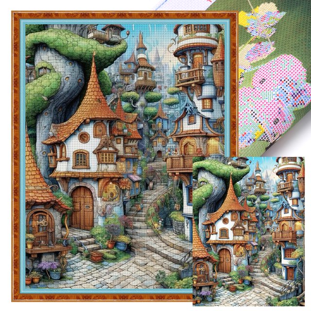 (16CTAEE-521__C__ 45X60) Hilo algodón ecológico bordado 16CT 2 hebras impresión 45*60cm kit serie paisaje punto cruz Castillo