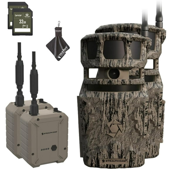 Stealth Cam Revolver PRO 40MP Photo 1440P at 30 FPS QHD Video 0.4 Sec Trigger Speed 360-Degree Panoramic View Built-in GPS Hunting Cellular Trail Camera, External Batteries, and 32GB SD Cards 2PK