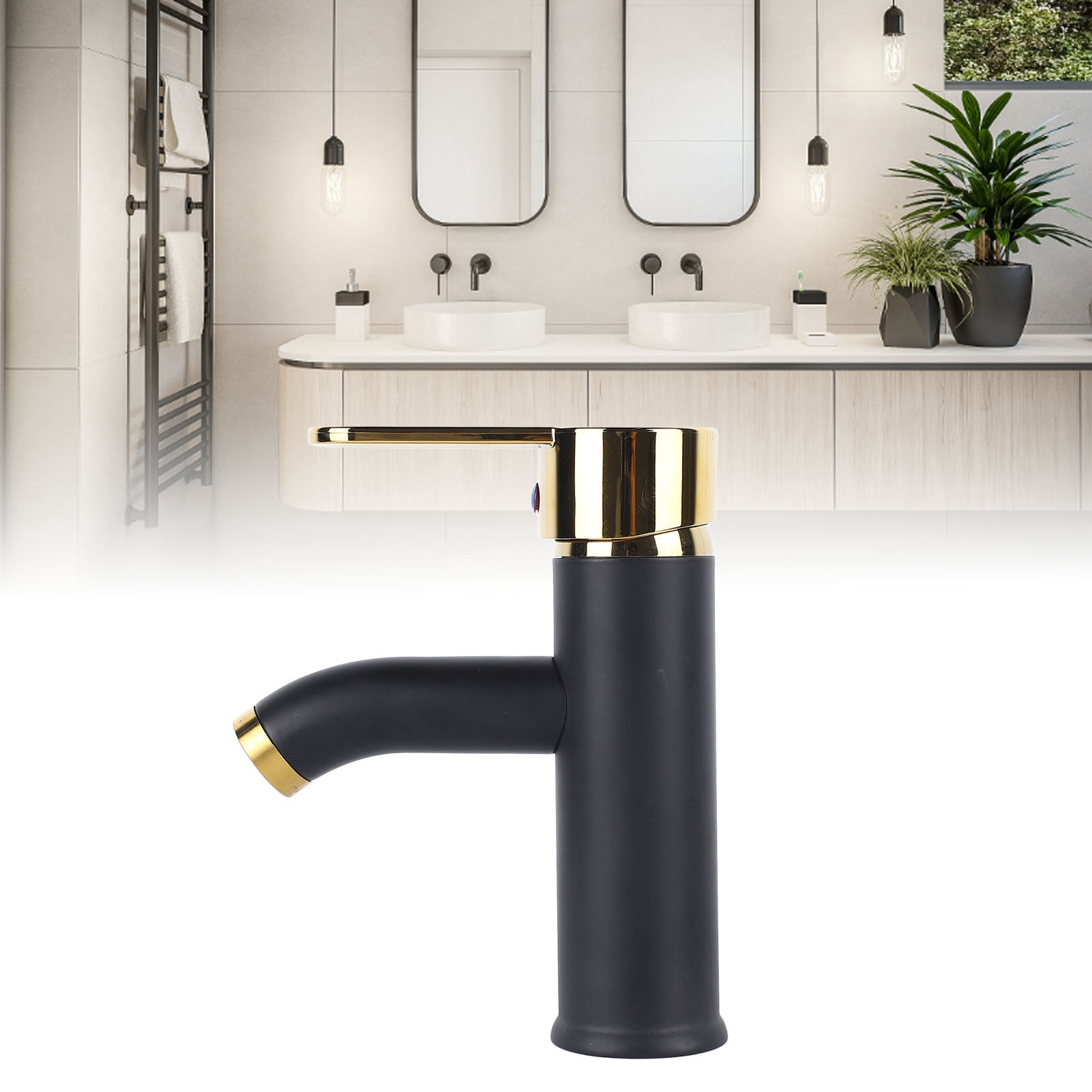 YAHHU Bathroom Sink Faucet Single Hole Single Handle Hot Cold Stainless Steel Basin Mixer Tap Black Gold with 23.6 in / 60 cm Inlet Pipes