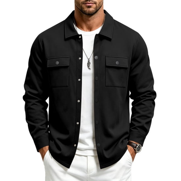 JULMCOMO Jacket for Men Collared Long Sleeve Snap Down Casual Shirt Jacket Loose Fit Work Daily Winter Shacket with Chest Pockets Black 3XL