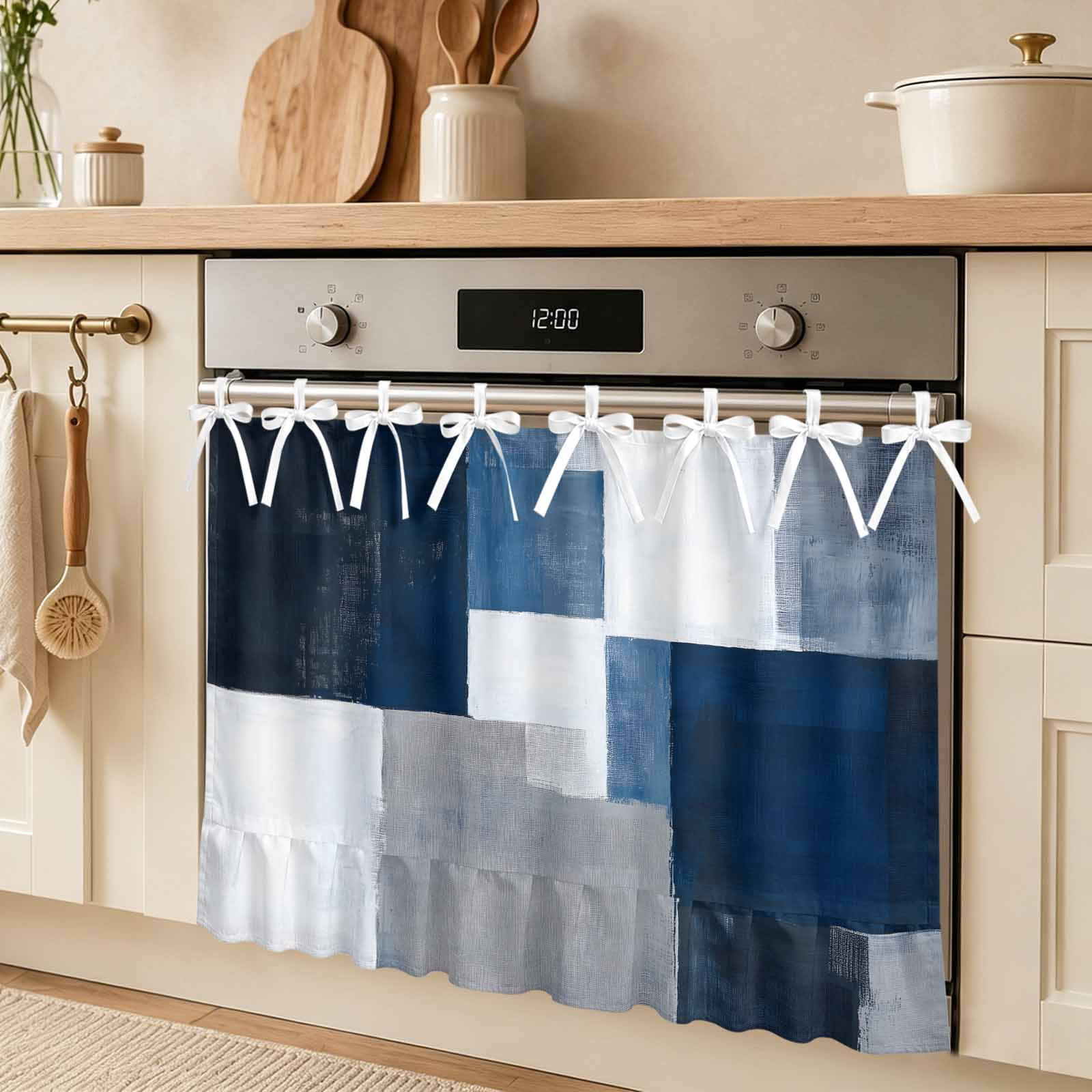 Blue Grey Oven Skirt Curtain Abstract Graffiti Tie Top Tier Curtains Stove Dishwasher Skirt Small Window Drapes for Kitchen Bathroom Cafe 27 x20