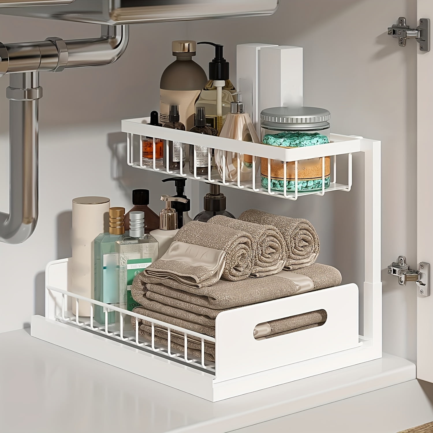 2 Pack Under Sink Organizer Pull Out, 2 Tier Slide Out Cabinet Storage Shelf for Kitchen Bathroom Sink Cabinet