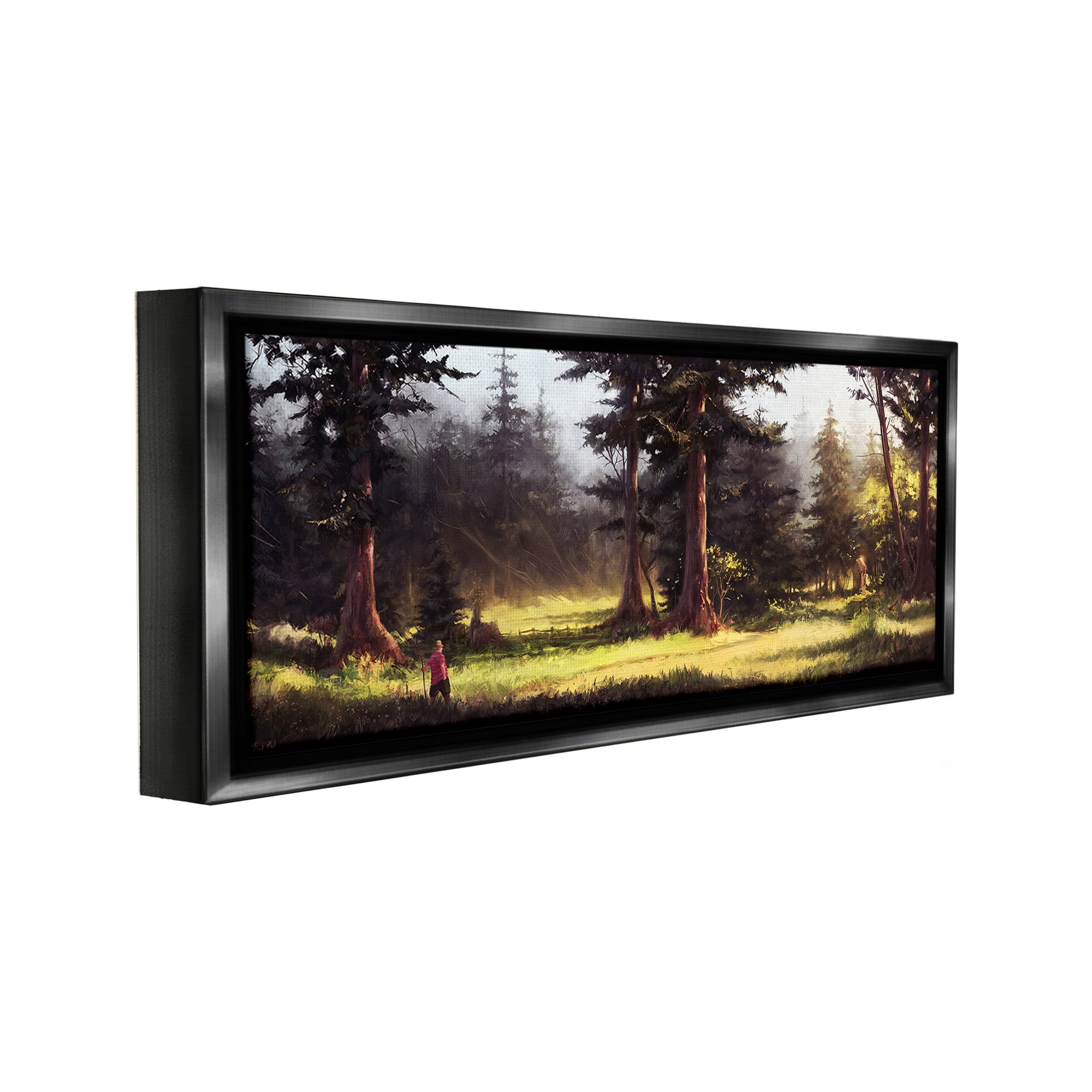 Stupell Industries Hiker in Sunlit Grove Landscape Painting Black Floater Framed Canvas Art Print Wall Art, 25 x 11