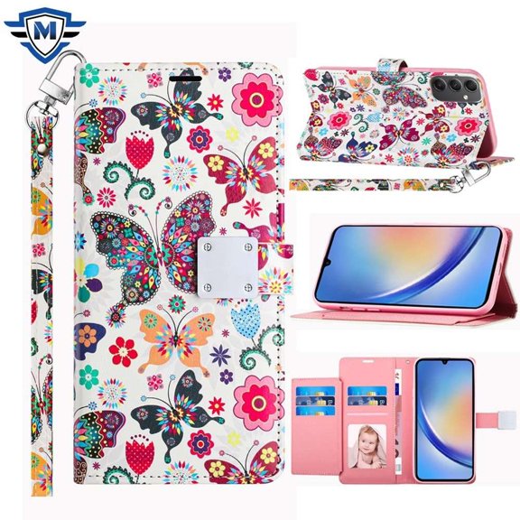 Compatible with Samsung Galaxy A15 5G Phone Case with Screen Protector [Tempered Glass], PU Leather Wallet [6 Card Slots/ID Window/Magnetic Closure/Lanyard] Cover - Butterfly Floral