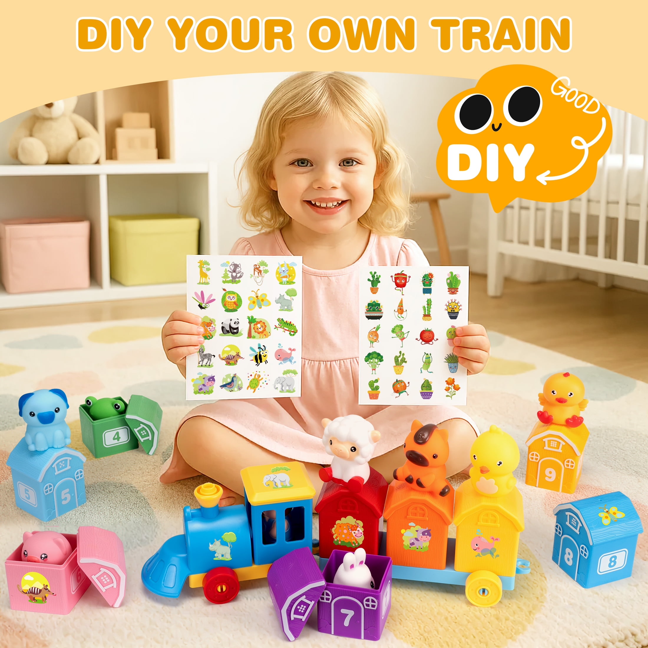 QIAHO Montessori Toys for Toddlers, 20 Pcs Counting, Matching, Sorting Preschool Learning Toy Train Set with Train, Barns and Finger Puppets Birthday Gift for Baby Boys Girls
